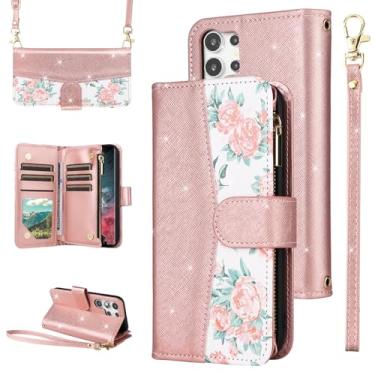 Imagem de Furiet Capa carteira floral para Samsung Galaxy S24 Ultra 5G com fecho de correr e alça de ombro, suporte para cartão de couro PU com glitter, capa para celular S24Ultra 24S S 24 24Ultra ouro rosa