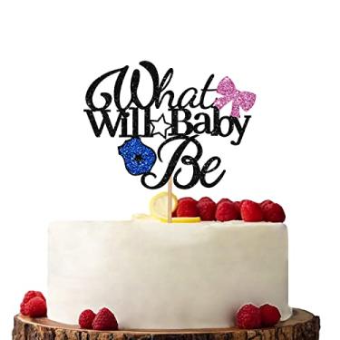 Imagem de Topo de bolo What Will Baby Be rosa e azul, topo de bolo com laços ou escudo, decorações de bolo com glitter para chá de bebê revelação de gênero/festa de 1º aniversário