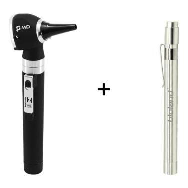 Imagem de Otoscópio MD Preto Com 10 Espéculos + Lanterna Clínica Médica Bioland Prata