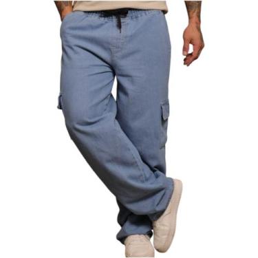 Imagem de Calça Jeans Cargo Larga Masculina Bolso Cós Cordão cintura - Mitchelgu