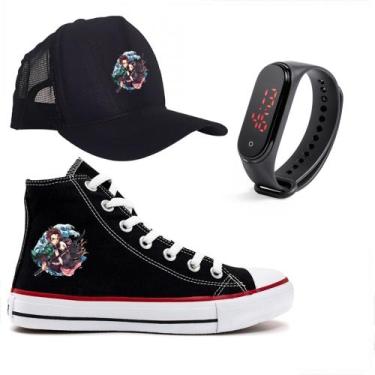 Imagem de Kit Infantil Tênis Damon Slayer Boné Relógio - Vinis Store, Preto, 35