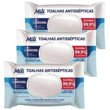 Imagem de Lenço Umedecido ou Toalhas Antissépticas Mili  3 pacotes c/ 50 (total: