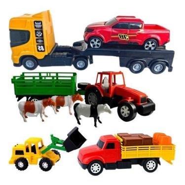 Imagem de Kit Trator Animais Fazendinha + Caminhão Carrinhos Brinquedo Infantil 