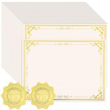 Imagem de Papel de certificado de 100 folhas com 100 peças de adesivos de selo dourado, certificados imprimíveis de 21 x 28 cm para certidões de casamento de formatura, presentes de reconhecimento de