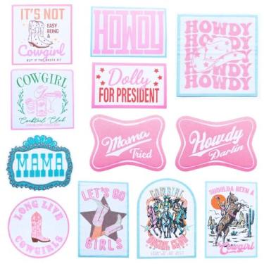 Imagem de 12 peças de chapéu de caminhoneiro grande remendos vintage Western Country Iron On Hats Conjunto de remendo formal a granel Heat Press Cowboy Cowgirl Rodeo Rosa Turquesa Menina Feminina Dolly Howdy