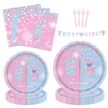Imagem de Tcomhk Kit de Suprimentos para Festa de Revelação de Gênero para 24 Convidados-97 Peças, Incluindo Pratos, Garfos, Guardanapos, Bandeirinhas-Ideal para Chás de Bebê de Menino Ou Menina E Festas de Rev