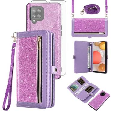 Imagem de Asuwish Capa de celular para Samsung Galaxy A42 5G com zíper carteira destacável com protetor de tela de vidro temperado alça de cordão com glitter flip porta-cartão A 42 G5 42A S42 4G 2021 feminino