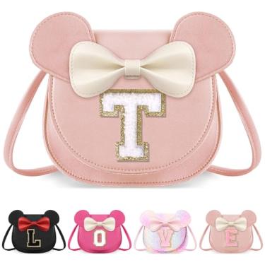Imagem de izuzta Bolsa infantil para crianças 1 2 3 4 5 6 7 8 anos de idade bonito mouse orelha laço bolsa transversal presente de aniversário, Grande/bolsa rosa/letra branca, T, T