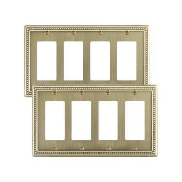 Imagem de TREEWELL Pacote com 2 placas decoradoras quádruplas, placas decorativas para interruptores e tampas de tomada, 4 placas de parede de metal de latão antigo, resistentes à corrosão