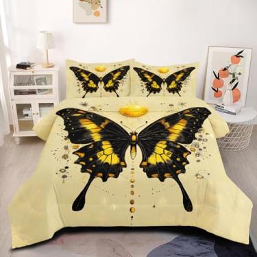 Imagem de CCoutueChen Conjunto de edredom hippie boêmio, tamanho king, para mulheres, com borboleta preta, sol e lua, para decoração de quarto de meninas, 3 peças, microfibra macia e fofa, ótimos presentes de