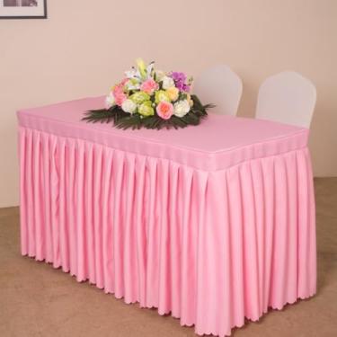 Imagem de Toalha de mesa retangular de cor sólida toalha de mesa com saia para conferências, escritório, hotel, exposição, toalha de mesa longa, lavável - rosa | 45 x 180 cm