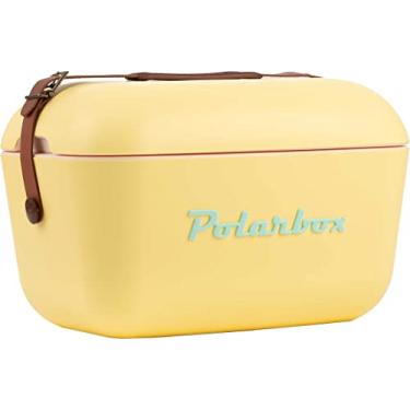 Imagem de Polarbox Caixa térmica clássica de 20 L com alça de couro, amarela e ciano | Caixa de gelo com isolamento térmico rígido para praia, caixa térmica para piquenique e festa | Tampa conversível e