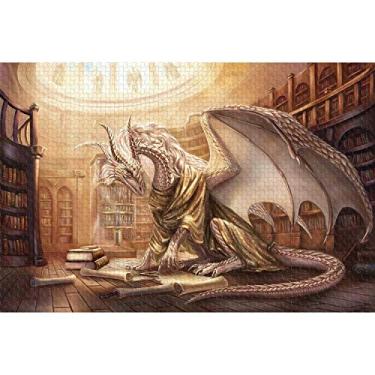 Imagem de Dresmannst Puzzle de 1000 peças de dragão branco na livraria, quebra-cabeças para adultos, quebra-cabeças de madeira, kit de bricolage para decoração de casa