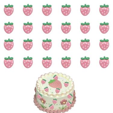 Imagem de 25 peças de topos de cupcake de morango rosa mini palhetas de cupcake de morango fruta doce chá de bebê aniversário festa de casamento chá de bebê verão jardim decoração suprimentos (rosa)