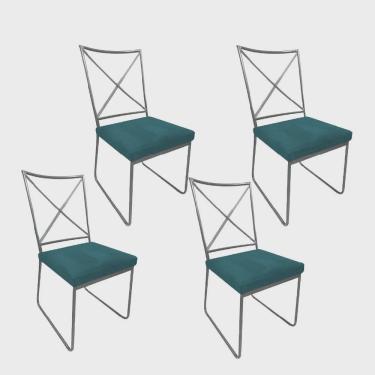 Imagem de Kit 04 Cadeiras Sala de Jantar Escritório Office Clark Industrial Ferro Prata Suede Azul Turquesa - Ahz Móveis