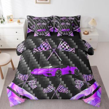 Imagem de Feelyou Conjunto de cama solteiro com 7 peças, carro de corrida, roxo, esportes radicais, com lençol para crianças, adolescentes, adultos, velozes e furiosos, conjunto de cama com bandeira