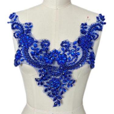 Imagem de Succi Shan Remendos de pérolas de contas de flores de renda, apliques de strass costurados para decote de roupas sociais (azul)