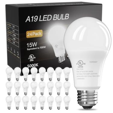 Imagem de TJOY Pacote Com 24 Lâmpadas Led, Equivalente A 100 Watts A19, Lâmpada Led Luz Do Dia De 5000K, Economizadoras Energia Brancas Brilhantes 15 W Base Padrão E26, 1500 Lúmens Não Regulável Para Casa, Qu