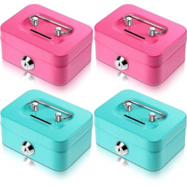 Imagem de Tandefio Caixa de dinheiro de 4 peças com trava e compartimento organizador de aço cofrinho de metal para presente de Natal e ano novo, sem bandeja de dinheiro (verde, rosa)