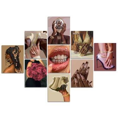 Imagem de NCYEL 9 peças de arte de parede de menina negra impressões em tela moda estética pôsteres para quarto feminino sala de beleza sala de estar salão decoração de parede glamorosa 20 x 25 cm sem moldura