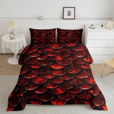 Imagem de Castle Fairy Conjunto de edredom casal com dragão vermelho feroz, escamas de dragão, decoração de quarto de adolescentes, animais misteriosos ocidentais, microfibra macia, 3 peças