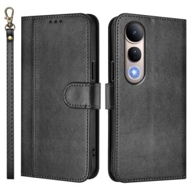 Imagem de Capa carteira flip de couro PU para VIVO V50 Lite 5G, capa de telefone com alça de pulso, 3 compartimentos para cartão + bolso para dinheiro, fecho magnético, suporte antiqueda e compatível com