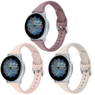 Imagem de Pacote com 3 pulseiras esportivas finas para Samsung Galaxy Watch Active 2/Samsung Galaxy Active 40 mm e 44 mm mulheres e homens, pulseiras de substituição à prova d'água de silicone líquido macio de 20 mm para Samsung Galaxy Active/Active 2 (areia rosa/luz das estrelas/malvado)