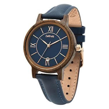 Imagem de Zeitholz Relógio de madeira feminino, relógio de madeira, presentes, relógio analógico, data, nova coleção Rosenbach de 36 mm, madeira natural, movimento de quartzo japonês, pulseira de couro., Azul