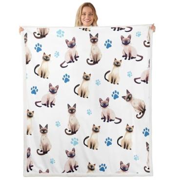 Imagem de Feelyou Lindo cobertor de lã de gatos siameses adorável animal de estimação gato estampa de pata sherpa cobertor para crianças, meninos, meninas, desenho animado, animal, gato, cobertor felpudo macio