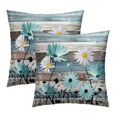 Imagem de Giwawa Capas de almofada floral margarida 45,7 x 45,7 cm de madeira rústica de algodão pacote com 2 capas de almofada para quarto ao ar livre decoração de casa