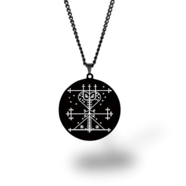 Imagem de Colar Vevê Vodu – Pingente com Símbolos dos Lwas em Aço Inoxidável (Prata, Ouro ou Preto) • Amuleto Espiritual Afro-Caribenho de Proteção, Magia e Fé (Maman Brigitte, Preto)