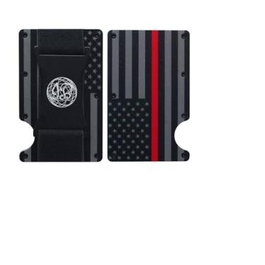 Imagem de Carteira minimalista com a bandeira americana preta e cinza, com bloqueio de RFID, carteira fina de alumínio, Preto e cinza, Linha vermelha com alça de dinheiro