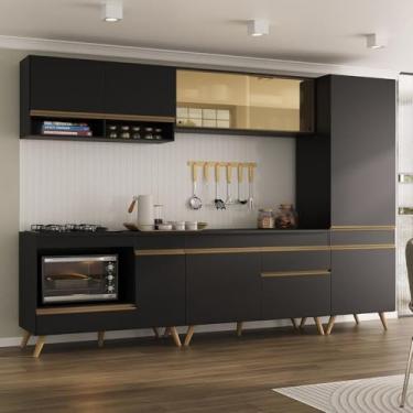 Imagem de Cozinha Modulada Completa Compacta 287cm com Balcão para Cooktop Veneza Multimóveis Mp2267 Preto/dourado