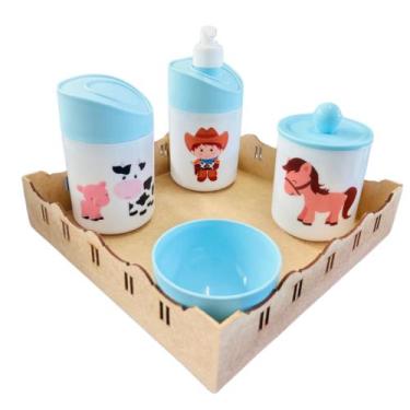 Imagem de Kit Higiene Baby Fazendinha Menino c/bandeja em MDF - Dóia Kids, Quadr
