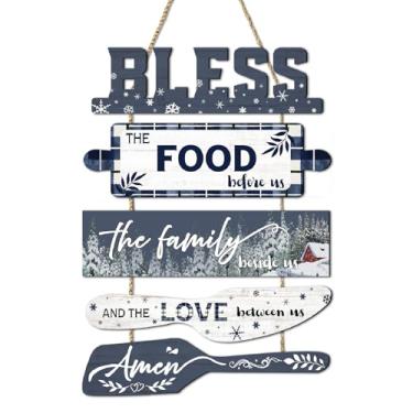 Imagem de Creoate Decoração De Parede Para Cozinha Estilo Fazenda "Bless The Food Before Us" - Placas Amor Família Na Sala Jantar, Arte Em Branco E Azul, Placa Rústica Madeira Com 5 Peças, Presente Natal Ação