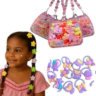 Imagem de Kit de Acessórios Cabelo Infantil Presilhas Coloridas Fofas Bolsinha Decorativa Rosa com Alça em Contas (Doce Encanto)