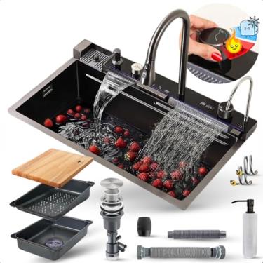 Imagem de Cuba Gourmet Luxo com Pia Cascata Inox Cinza, Estação de Trabalho, Torneira Retrátil Digital e Kit Acessórios