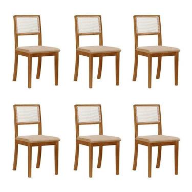Imagem de Kit 6 Cadeiras De Jantar Palha Estofadas Linho Bege Com Tela