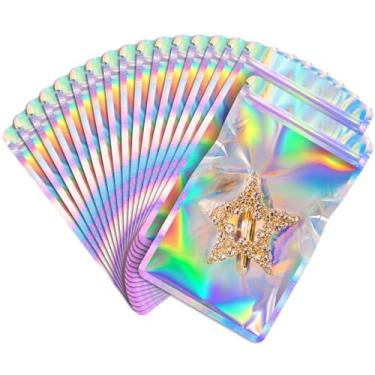 Imagem de FUNFERY Pacote com 100 sacos holográficos de janela transparente de canto redondo, sacos resseláveis, bolsa com zíper Mylar, bolsa de embalagem para doces, joias, sabonete, pincéis, suprimentos para