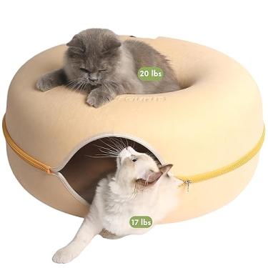 Imagem de Cattasaurus Peekaboo Cat Cave Donut para vários e grandes gatos de até 13,6 a 20,4 kg, cama 3 em 1 com aquecimento automático para gatos, túnel e arranhador para gatos internos, cama de cachorro
