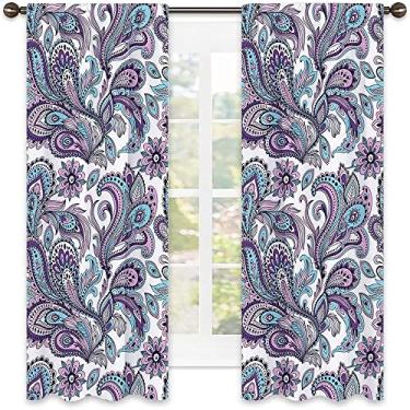 Imagem de Cortina de isolamento térmico Paisley, flores azuis e roxas, estampa floral, estilo boêmio, estampa country, cerimônia de casamento, decoração de janela de casa, L 130 x C 198 cm, branco, roxo, azul