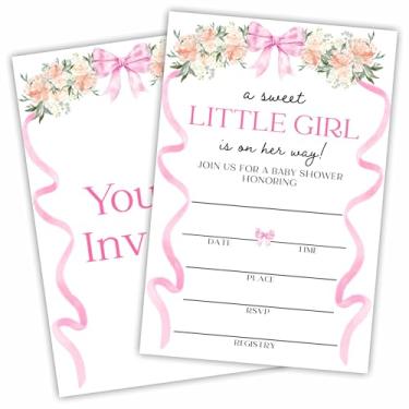 Imagem de Convites para chá de bebê - uma menina doce - conjunto de 25 flores em aquarela e convites de laço de fita rosa com envelopes - anúncio de bebê revelação de gênero suprimentos de festa e decoração (10