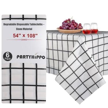Imagem de PARTYHIPPO Toalha de mesa descartável degradável de papel de pedra (137 x 274 cm, pacote com 6) – retangular, impermeável, à prova de vazamento, durável (xadrez preto/branco)