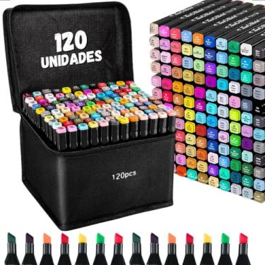 Imagem de Canetinha Ponta Dupla para Colorir Kit Estojo de Canetas Escolar Marcador Coloridas Permanente Duas pontas 120 cores