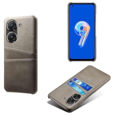 Imagem de Capas Compatível com ASUS Zenfone 9,Caso de couro PU-Tampa de telefone a prova de choque com 2 slots de cartão,Proteção anti-impressão digital e anti-gota-Grey