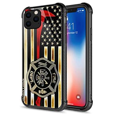 Imagem de Capa para iPhone 12 Pro Max, bandeira de madeira com machado de bombeiro, capas para iPhone 12 Pro Max, parte traseira de vidro temperado + capa protetora de choque TPU de silicone macio para Apple iPhone 12 Pro Max