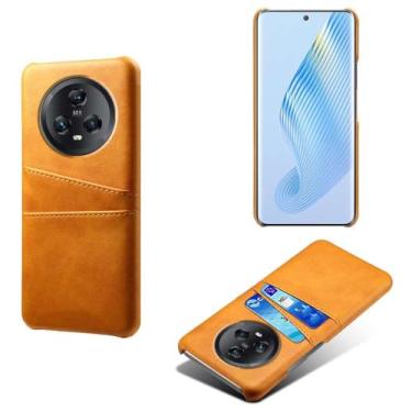 Imagem de Capas Compatível com Honor Magic 5,Caso de couro PU-Tampa de telefone a prova de choque com 2 slots de cartão,Proteção anti-impressão digital e anti-gota-Yellow