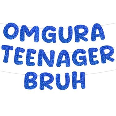 Imagem de Faixa pré-amarrada OMG UR A Teenager Bruh Banner de decorações de aniversário de 13 anos para decoração de aniversário de 13 anos suprimentos oficiais de lembrancinhas de festa para adolescentes (azul