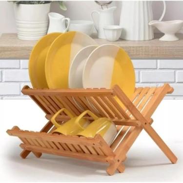 Imagem de Escorredor Pratos Bambu Cozinha Casa Louça Talheres Suporte Dobrável Tampa Colher Rack Copo Taça