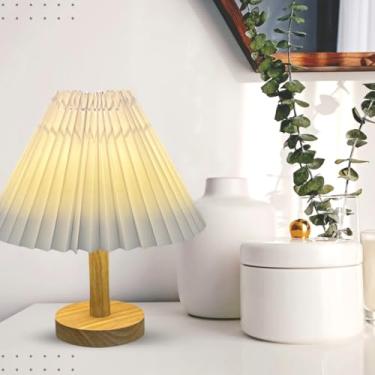 Imagem de Luminária de Mesa Abajur com Base em Madeira, Cúpula Plissada, Luz LED USB Quente, Bivolt, Luz Para Leitura, Dormir, Lampada Relaxante